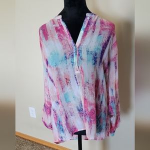 ANA A New Approach Women's Large Sheer Blouse Watercolors Long Sleeve